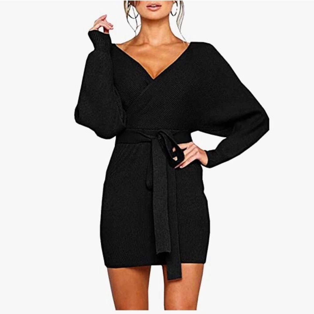 Women's Sexy Cocktail Batwing Backless Mock Wrap Knit Sweat. (Belt not included)